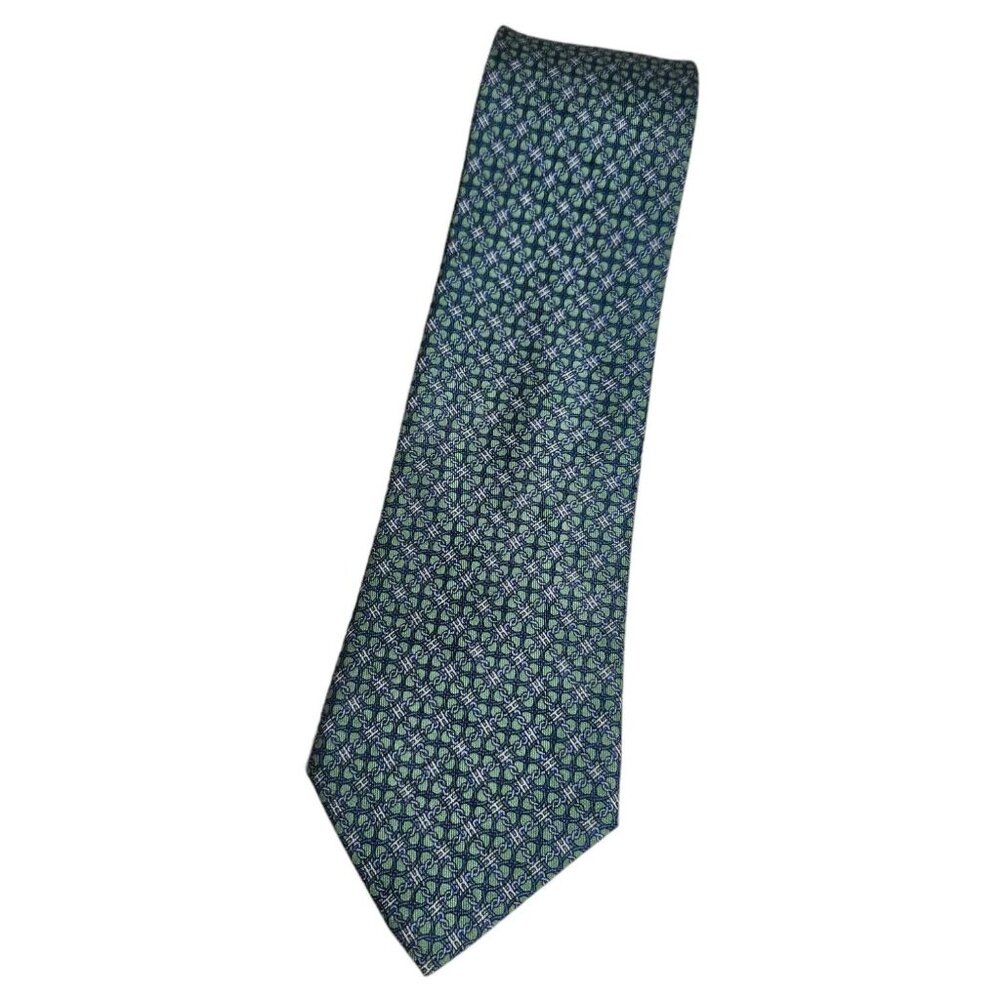 HERMÈS Men's 100% Silk Necktie LUXURY 7097 OA Green Chain Monogram W:3.4" EUC